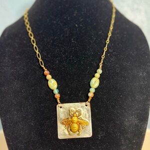Gold Bee Pendant Necklace with Africa Opal Jasper